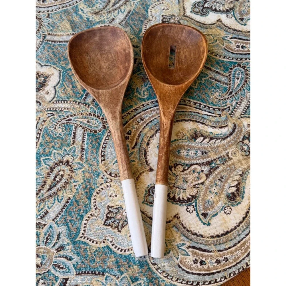 Wooden Salad Serving Spoon Set White Handles Vintage Wood Kitchen Utensils Pair